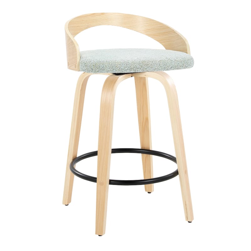 Carson Carrington Stavanger 26" Fixed-Height Counter Stool with Bent Wood Legs & Round Footrest (Set of 2) - Green Fabric/Natural Wood/Black Metal