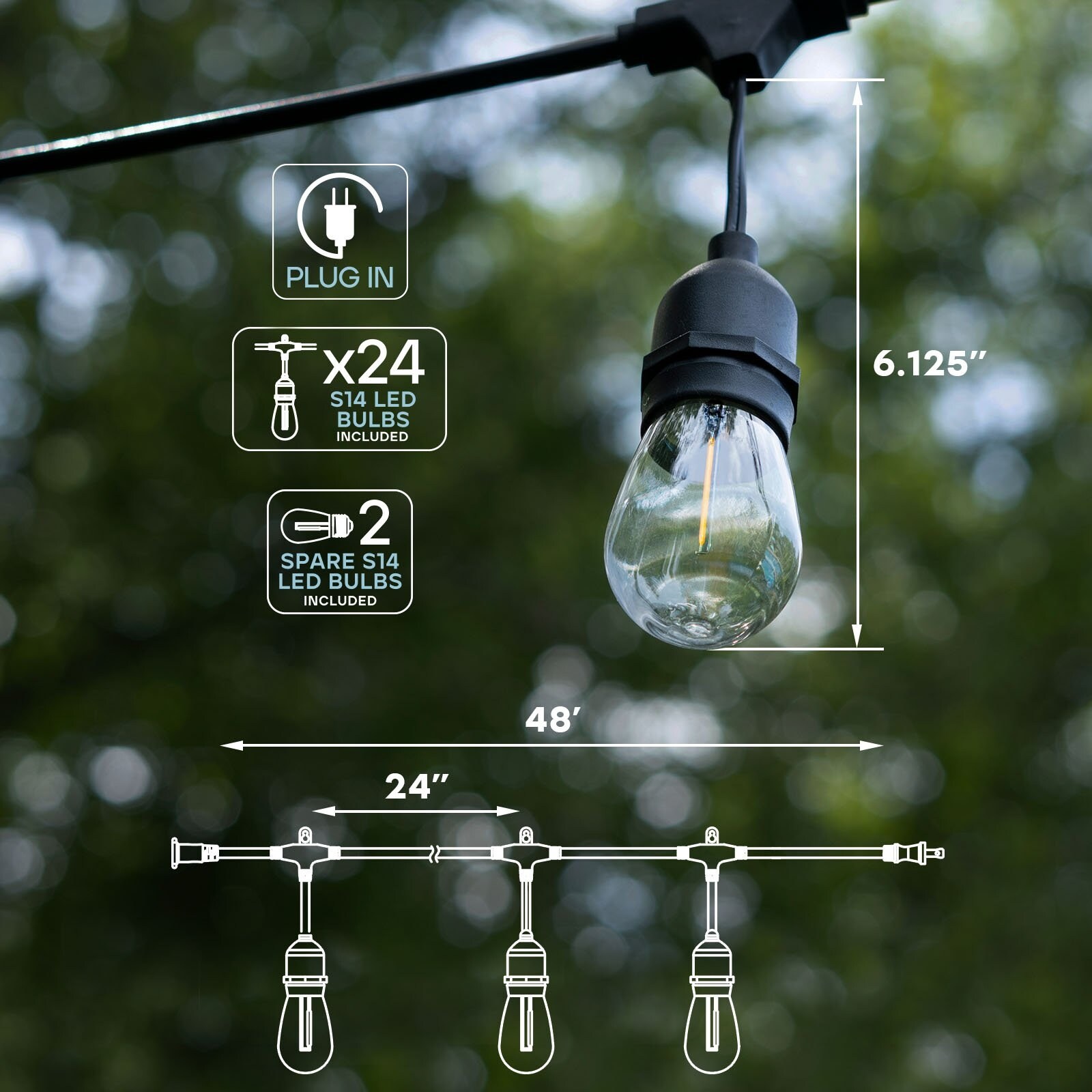 String Lights Luxrite 48FT LED Outdoor Commercial Grade Waterproof, 24 S14  Shatterproof Bulbs, IP65, Patio Garden Cafe - 48 FT - - 39891402 Black  Light String Lights, image size:1600x1600