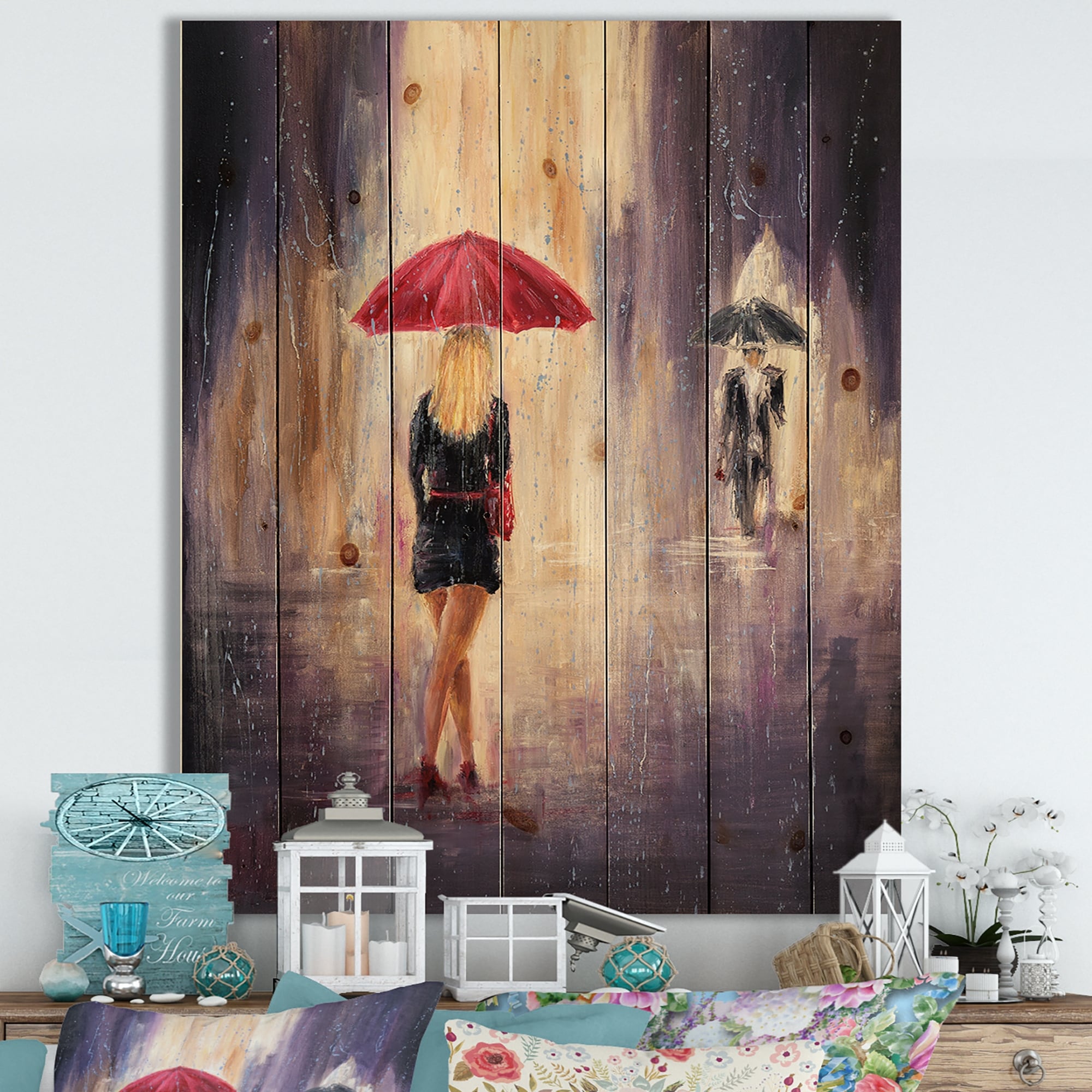 Designart Red Umbrella Lady Walking in Rain Canvas Art  -image