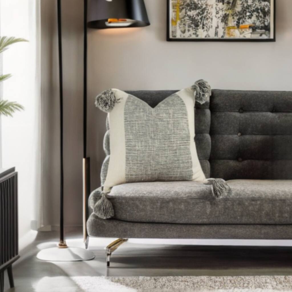 HomeRoots 20" Gray and Ivory Cotton Pillow With Tassels Edges