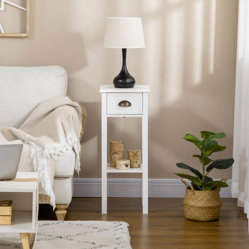 2-Tier Side Table with Drawer and Bottom Shelf for Living Room or Bedroom - White