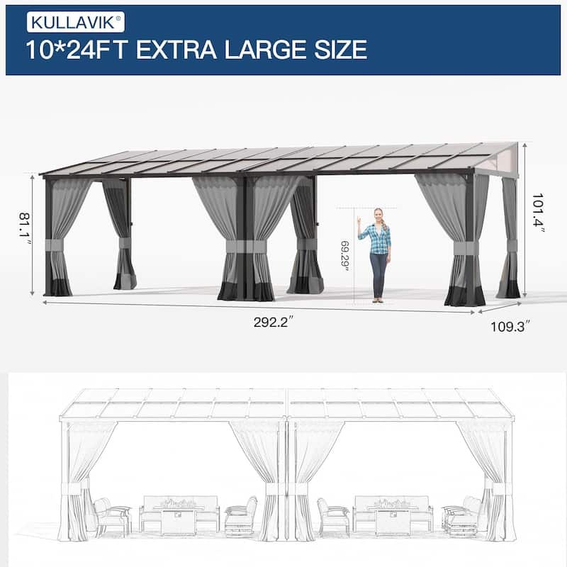 Wall Mounted Gazebo, Hardtop Permanent Outdoor Shade Canopy with Curtains for Deck, Backyard, Patio