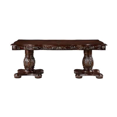 Traditional Style Dining Table with Extension Leaves Cherry Finish with Gold Tipping Double Pedestal Base Wooden Dining