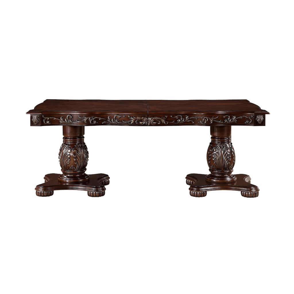 Traditional Style Dining Table with Extension Leaves Cherry Finish with Gold Tipping Double Pedestal Base Wooden Dining