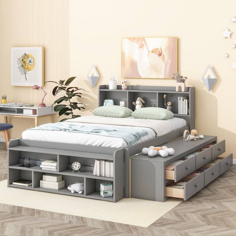Full Bed with Bookcase Headboard Under bed Storage Drawers and Bed End Storage Case