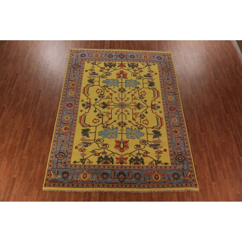 Yellow Oushak Indian Area Rug Hand-Knotted Wool Carpet - 8'10"x 11'10"