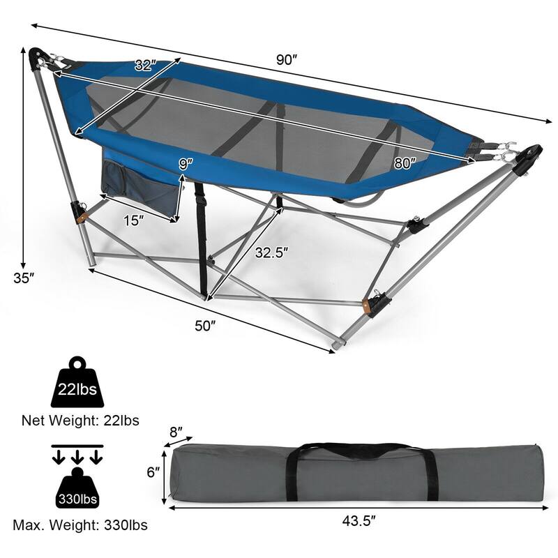 Gymax Folding Hammock Indoor & Outdoor Hammock with Side Pocket & Iron