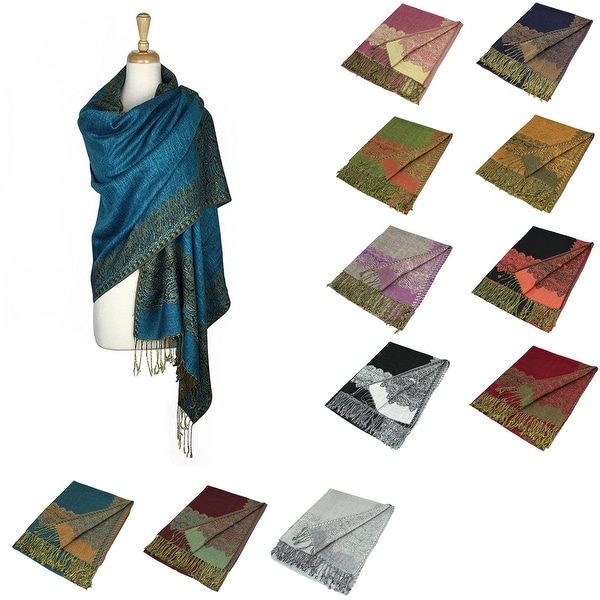 Pashmina Shawl Scarf Wrap Border Pattern Double Layered Reversible - 28" x 70". Opens flyout.