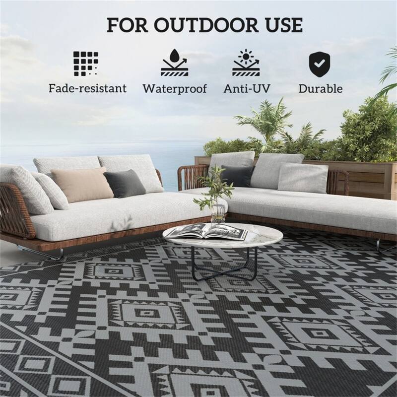 Reversible Outdoor Rug Rhombus Border UV Protected Foldable Camping RV Patio Picnic Mat