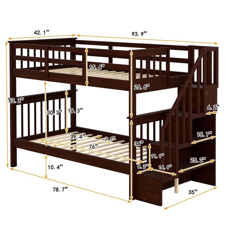 Twin Over Twin Bunk Bed with Storage Staircase and Full-Length Guardrail, Divided into 2 Platform Beds, Solid Pinewood Frame