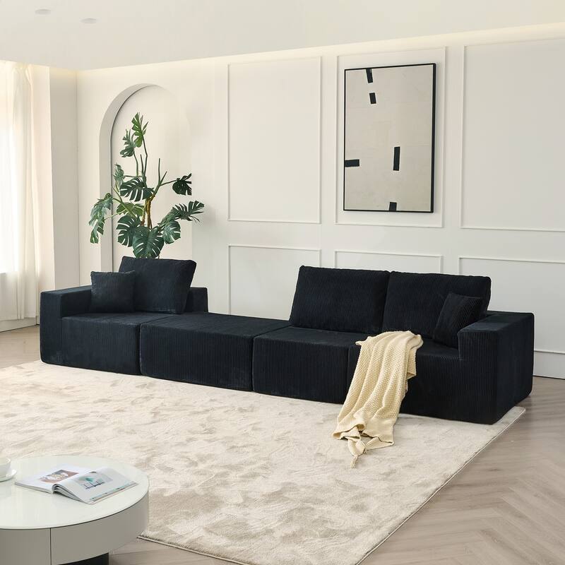 Modular L Shaped Sectional Sofa with Ottoman, Corduroy Boneless Cloud Sofa, 3 Seater Upholstered Sofa with 2 Pillows