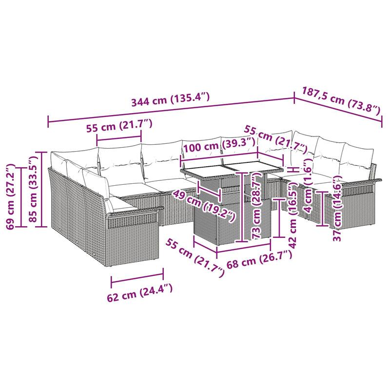 vidaXL 11 Garden Sofa Set with Cushions Black/Brown/Grey Poly Rattan - 135.4 x 73.8 x 27.2