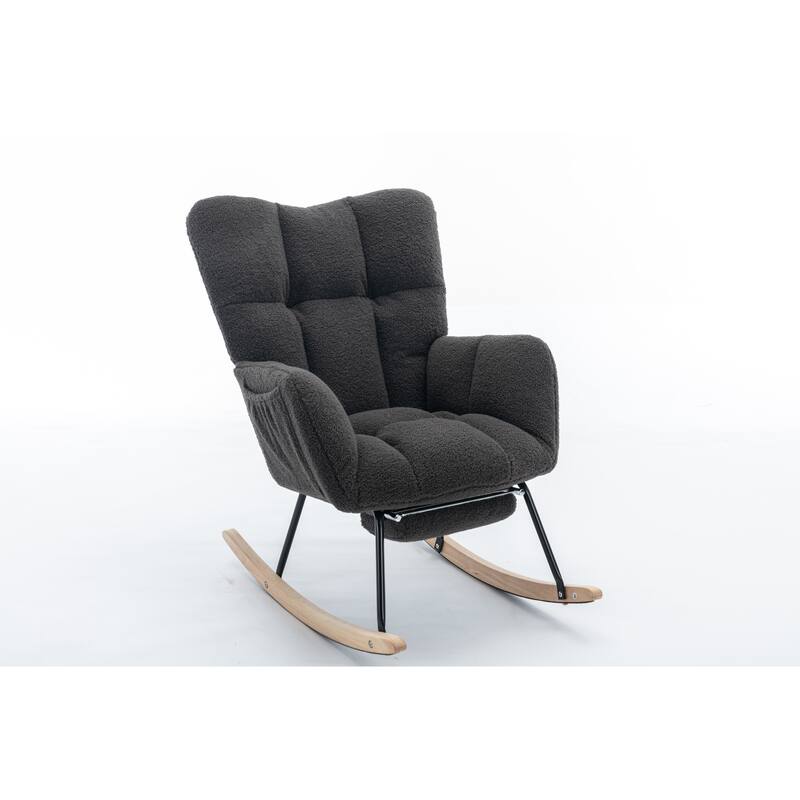 High Backrest Nursery Rocking Chair, Teddy Upholstered Glider Chair with Footrest, Recliner Chair with Solid Wood Legs