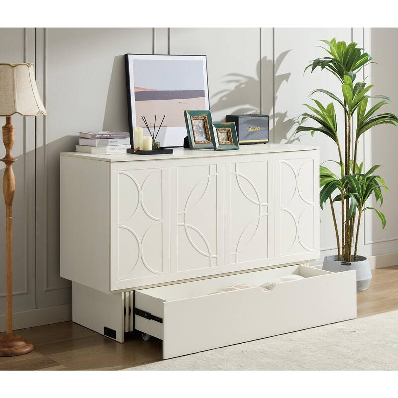 Queen Size Murphy Bed Cabinet with Storage Drawer, Folding Foam Mattress, USB & AC Charging Ports, and Smooth Glide Mechanism