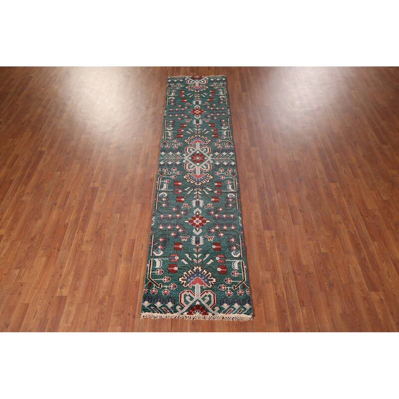 All-Over Green Kazak Oriental Runner Rug Handmade Wool Carpet - 2'6"x 9'11"