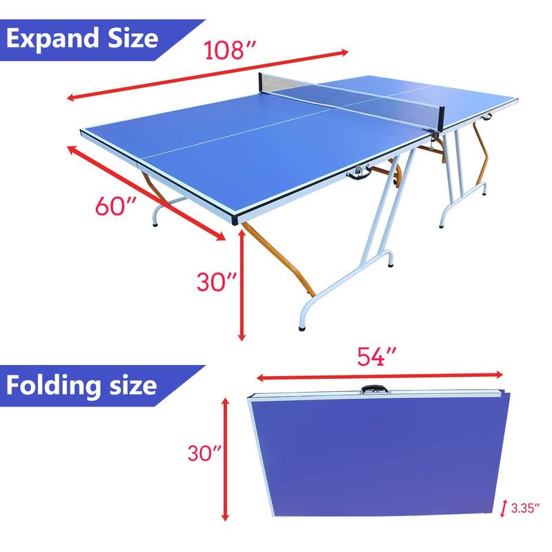 Roomfitters 9ft Mid-Size Table Tennis Table, Foldable & Portable, Includes Net, 2 Paddles and 3 Balls, Indoor Ping Pong, Blue