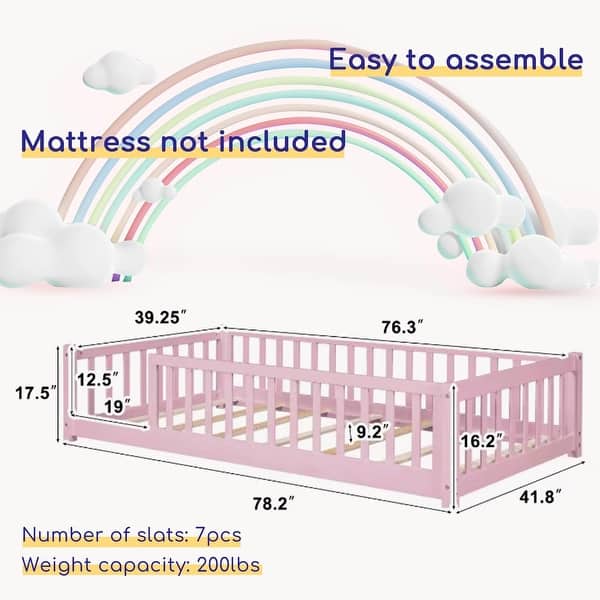 dimension image slide 0 of 3, Twin Size Floor Bed for Kids with Safety Guardrails and Door and Slats