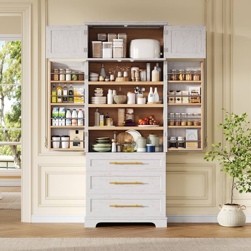 Freestanding Pantry Cabinet, Tall Storage Cupboard with 8 Door Shelves, 3 Adjustable Shelves, 3 Large Drawers, Kitchen Hutch