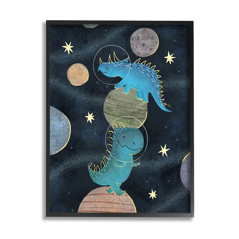 Stupell Galactic Dinosaur Astronauts Outer Space Planets Framed Wall Art - Blue