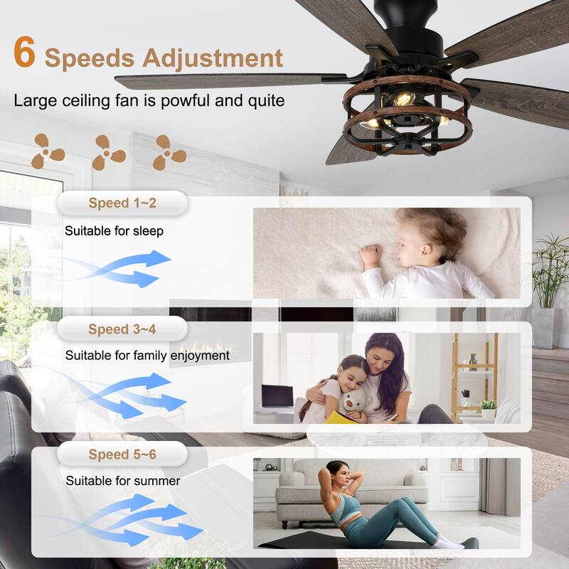 Bella Depot 52" Black Industrial Flush Mount Ceiling Fan with Light and Remote 6-speed Reversible DC Motor Low Profile Fan