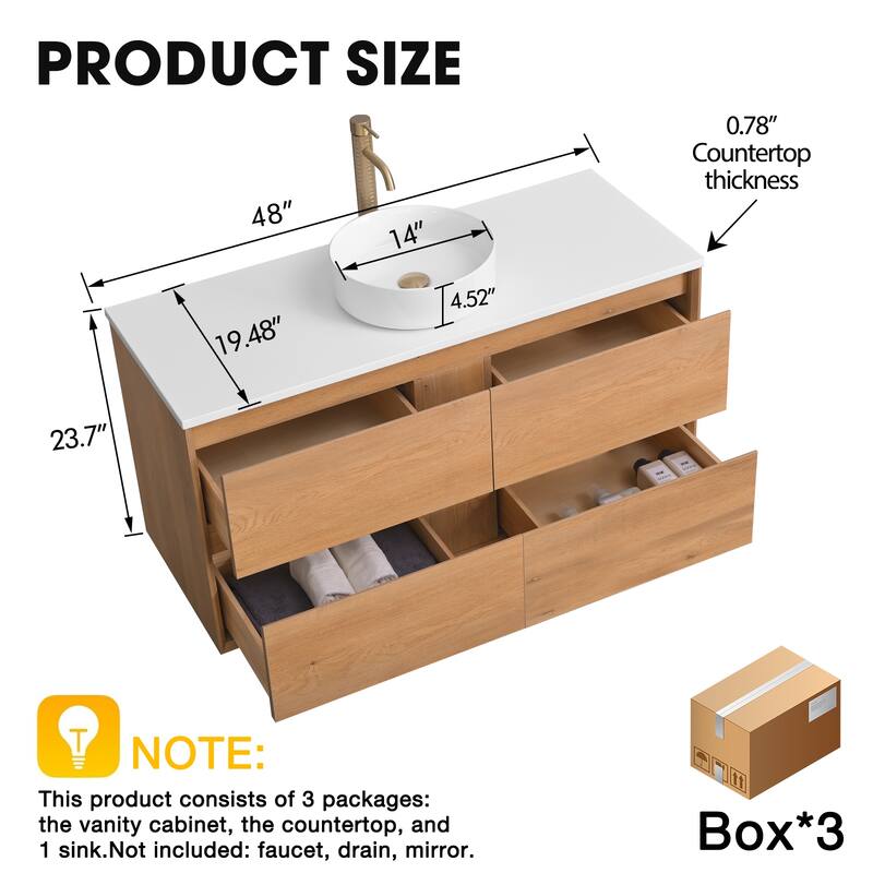 Sylphar 48 inch Toffee Oak Floating Bathroom Vanity with White Quartz Top