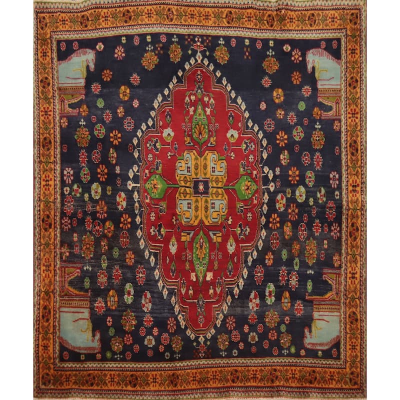 Hand Knotted Oriental 100% Wool Carpet Traditional Tribal Navy Blue & Blues Kashkoli Area Rug - 4' 8'' X 4' 5''