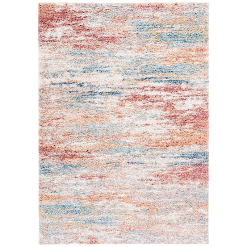 SAFAVIEH Calista Shag Maiu Abstract 1-inch Thick Rug - 6'7" Square - Beige/Aqua