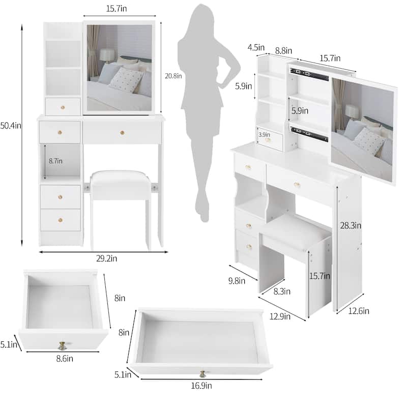 Small Space Vanity Table with Sliding Mirror and Stool, 29.2 Inch Makeup Dresser with Drawer Storage