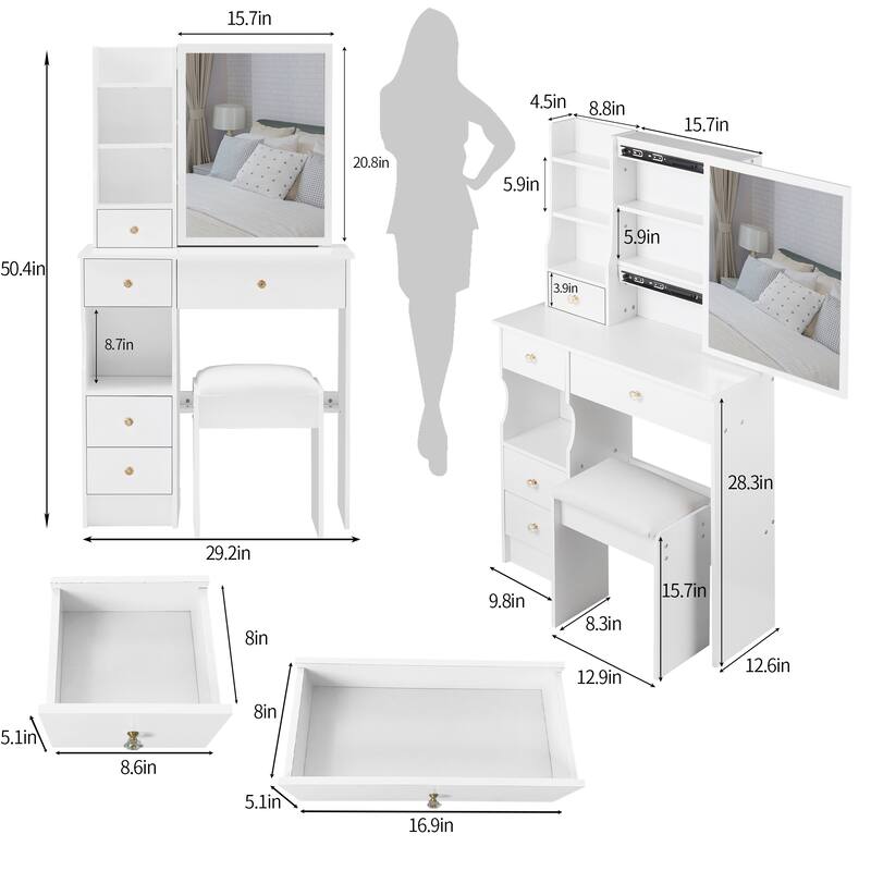 Vanity Desk with Sliding Mirror, Makeup Table with Drawer and Multi Layer Storage Rack, Vanity Set with Cushioned Stool