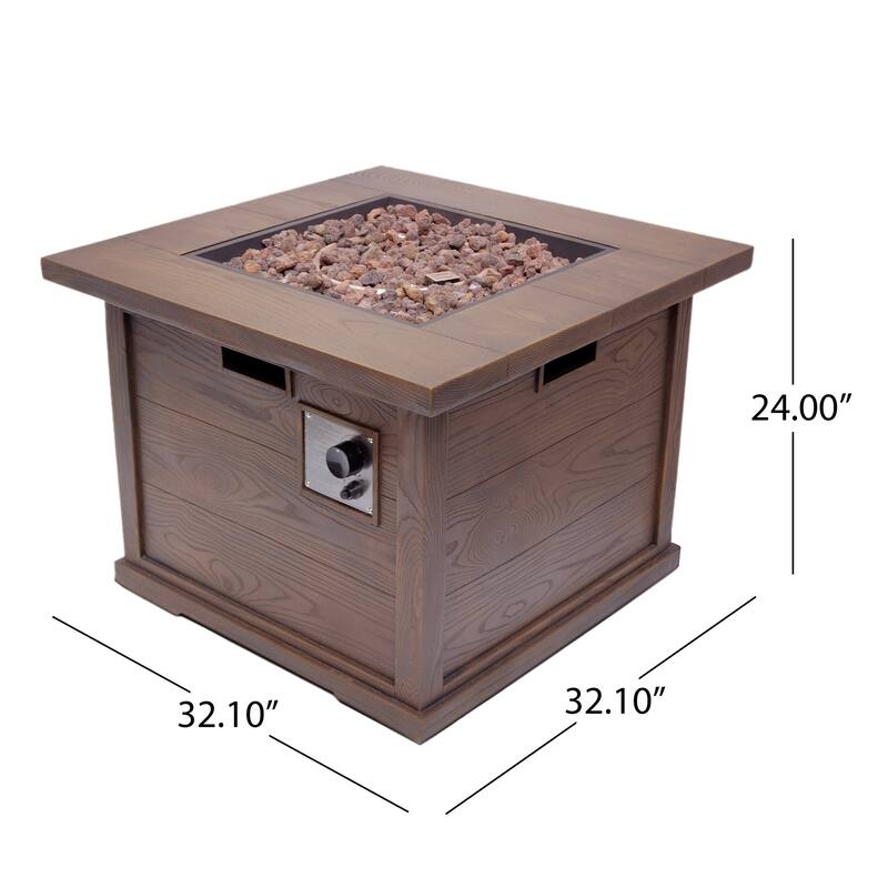 Roomfitters Outdoor Gas Fire Pit Table with Wood-Look Design, Square Propane Fire Pit with Lava Rocks, Brown