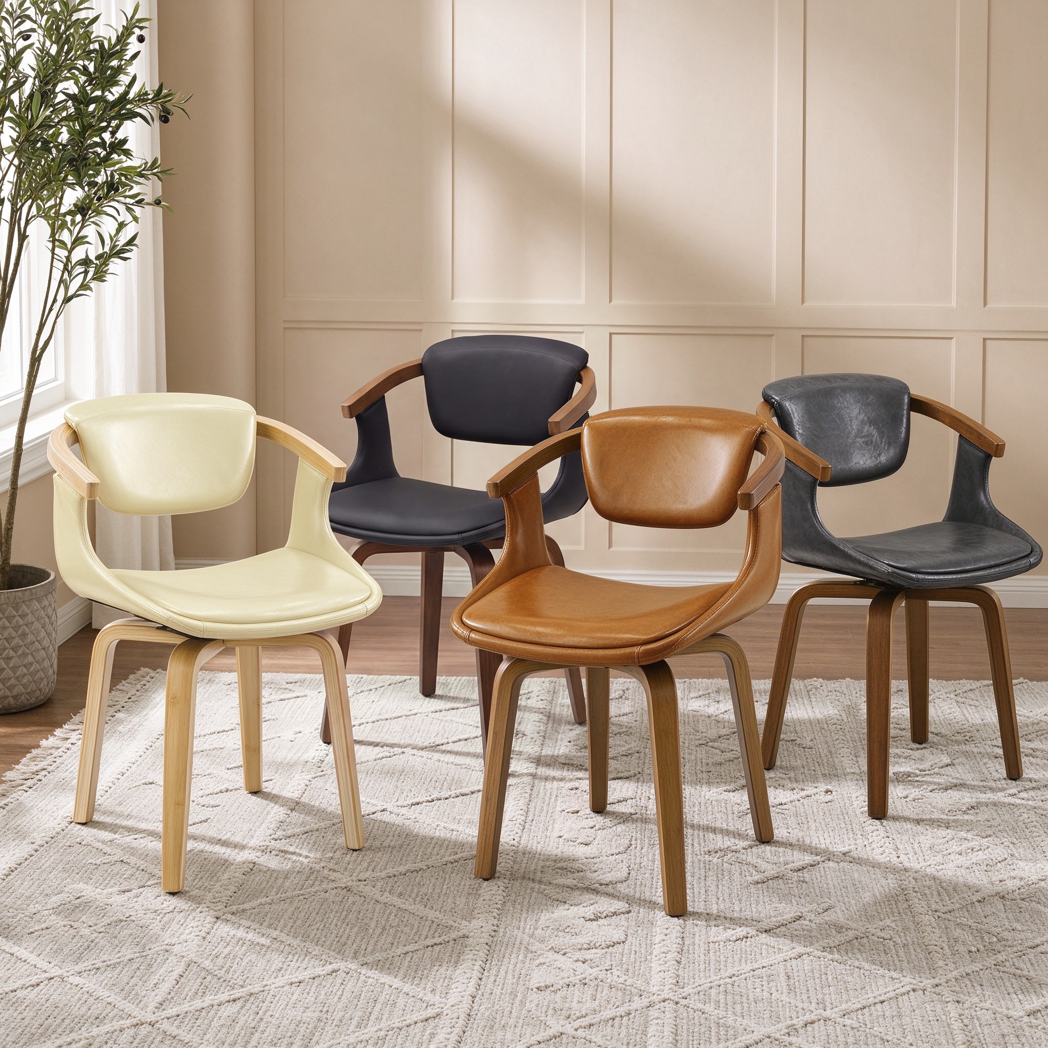 Art Leon Set of 4 Wood and Faux Leather Swivel Chairs