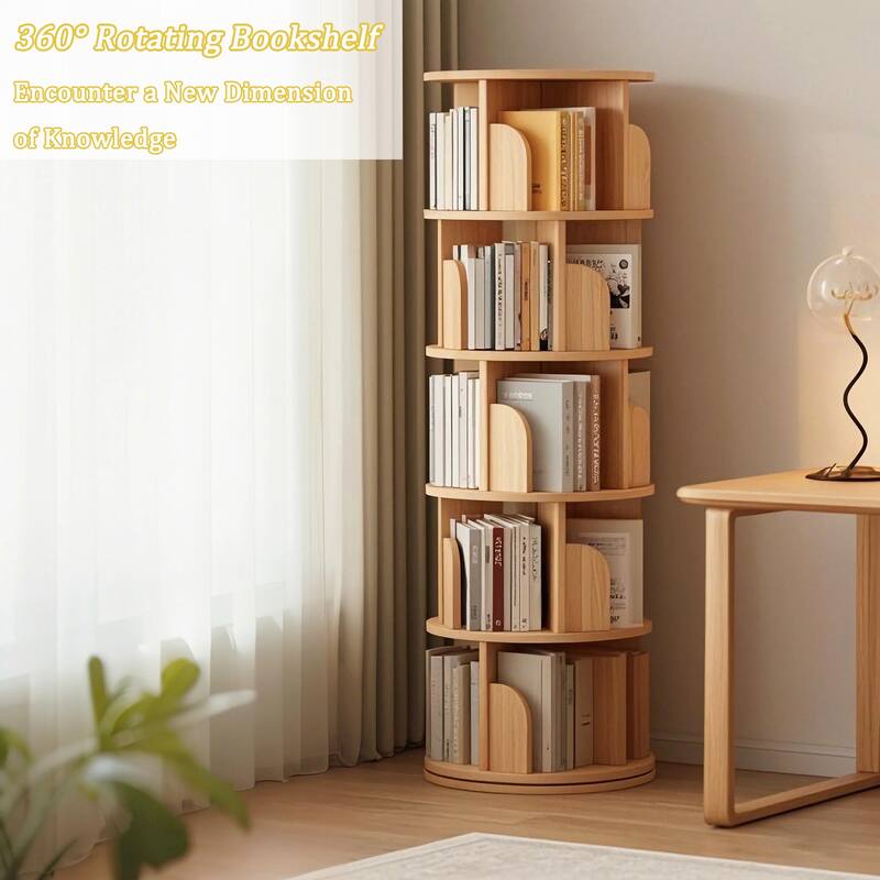 Rotating Bookshelf, 360 Display 5 Tier, Floor Standing Bookcase Storage Rack, Wood Narrow Book Shelf Organizer