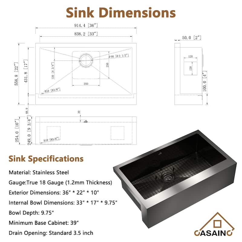 Handmade Stainless Steel 18-Gauge Single Bowl Farmhouse Apron Kitchen Sink in Nano PVD with Bottom Grid and Basket Strainer