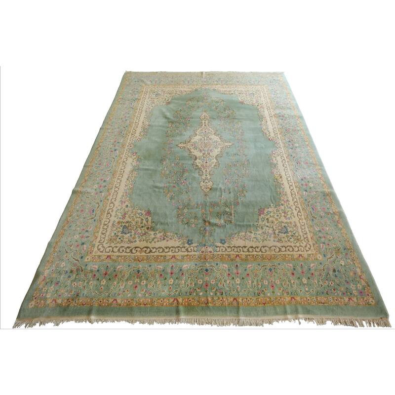 12x15 Hand Knotted Silk Sea Foam Plush Pile Kerman Traditional Rug - 12' x 15'