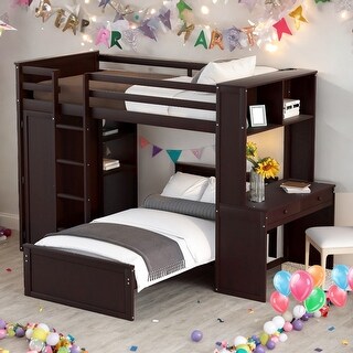 Twin size Loft Bed With Twin Size Stand-alone Bed,Shelves,Desk And Wardrobe