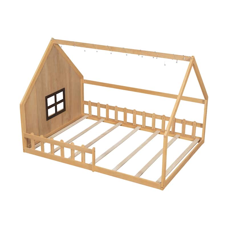 Full Size Wood House Bed with Window and Fence