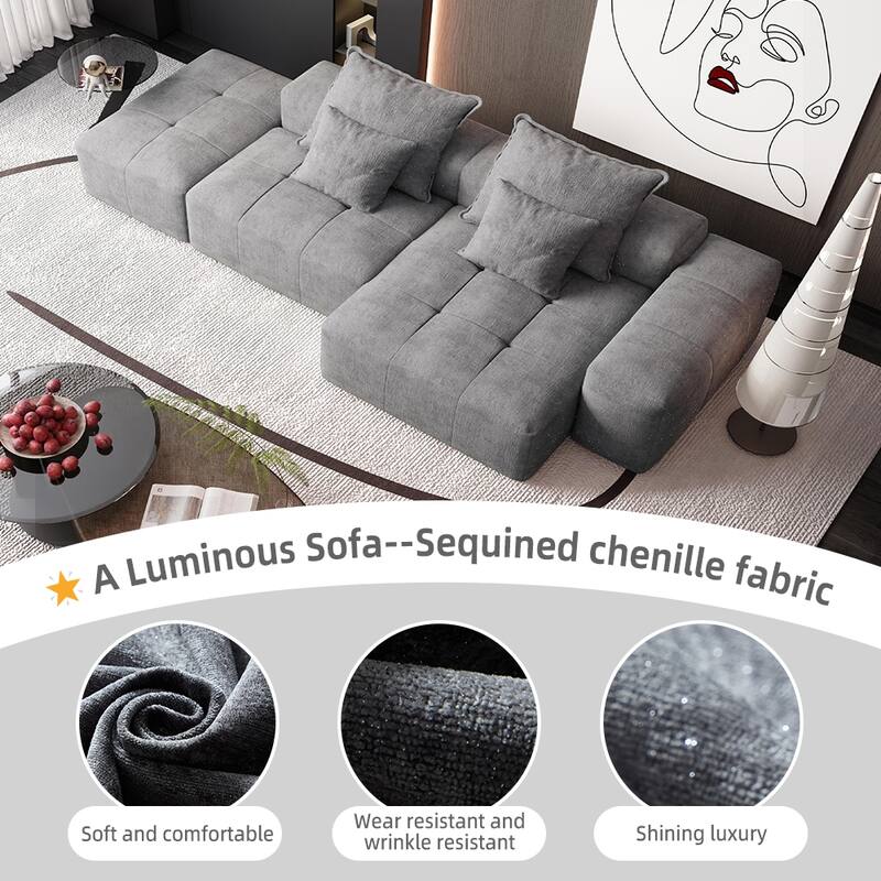 Oversized Modular Chenille Sectional Sofa with Ottoman, Chaise Lounge, 1 Armrest and 4 Pillows for Living Room