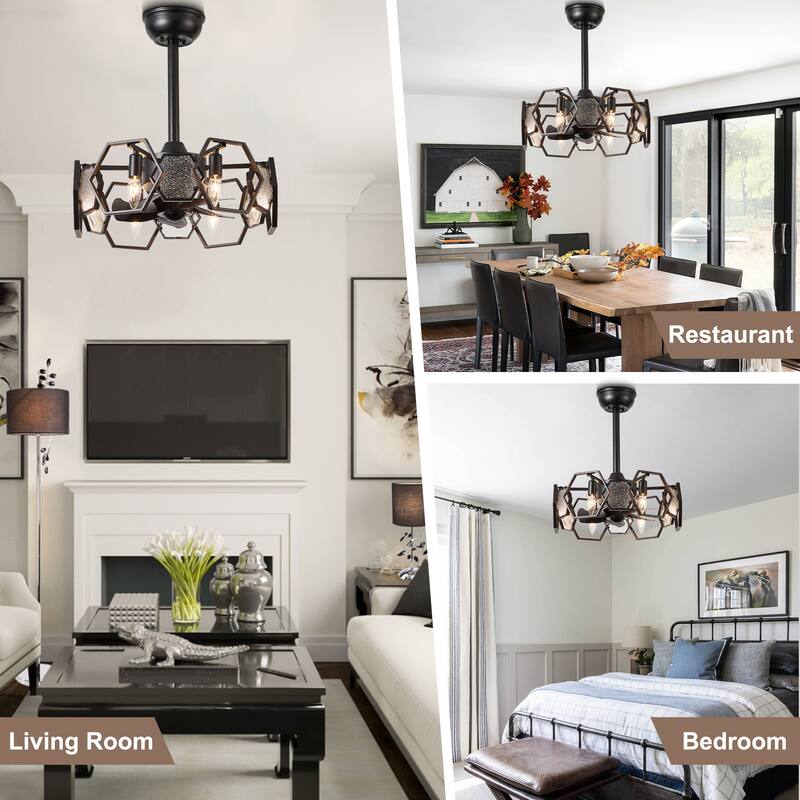 CurveCurio 20" Chandelier Ceiling Fan w Textured Glass Accent, 6 Lights Quiet DC Motor 6 Speed w Remote Control