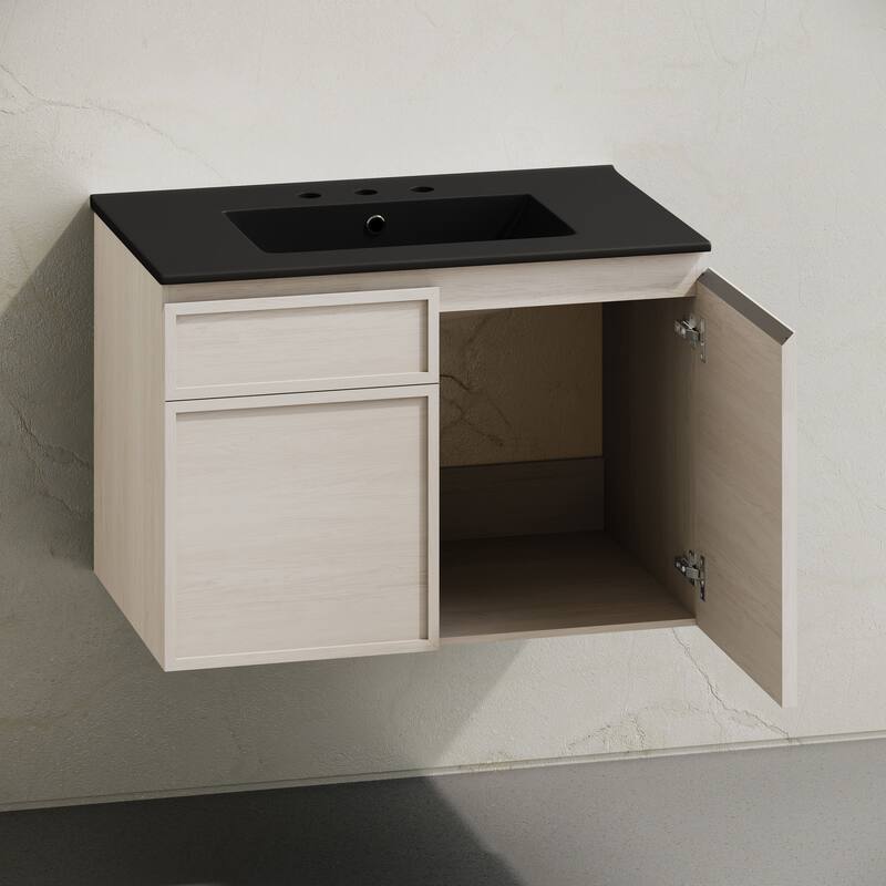 St. Tropez 30" Wall-Mounted Bathroom Vanity In White Oak With Black 3-Hole Widespread Sink Top - 30