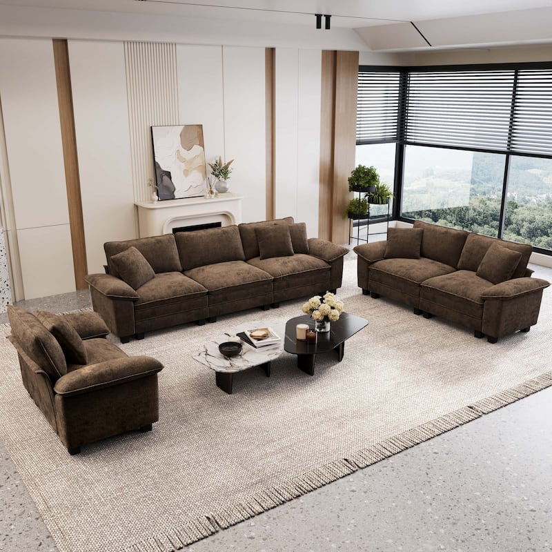 MAISON ARTS Chenille & Corduroy Modular Sectional Sofa Set, Comfy 5/6/7-Seat Living Room Couch with 3-Seater or Loveseat - Brown Chenille (6 Pieces)