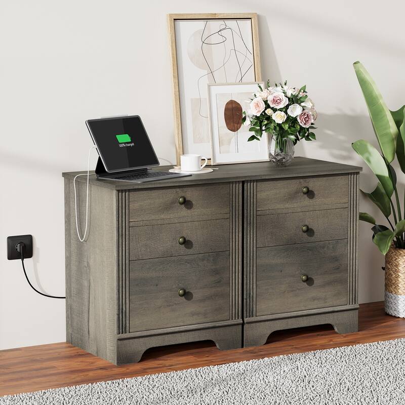 End Table with Charging Station, Side Table with Storage, 2 Power outlets & 2 USB Ports for Living Room