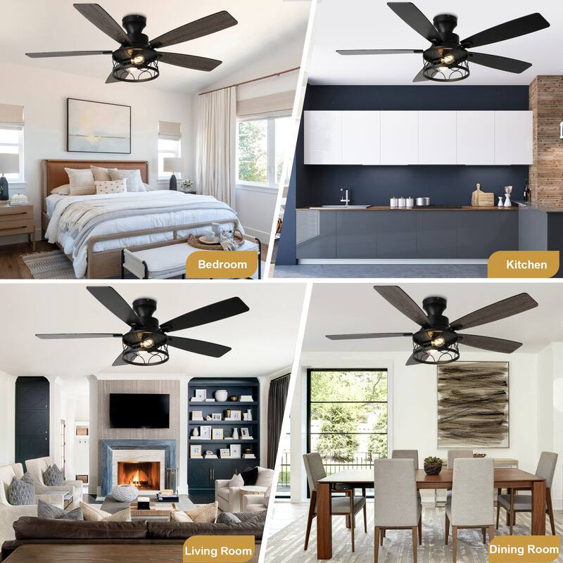 Cusp Barn 52 Inch Farmhouse Flush Mount Ceiling Fan with Lights and Remote, Industrial Low Profile Black Caged Ceiling Fan