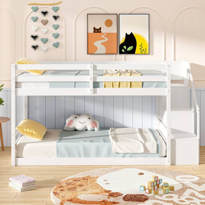 Twin Over Twin Low Bunk Bed with Storage Stairs, Floor Bunk Bed Frame