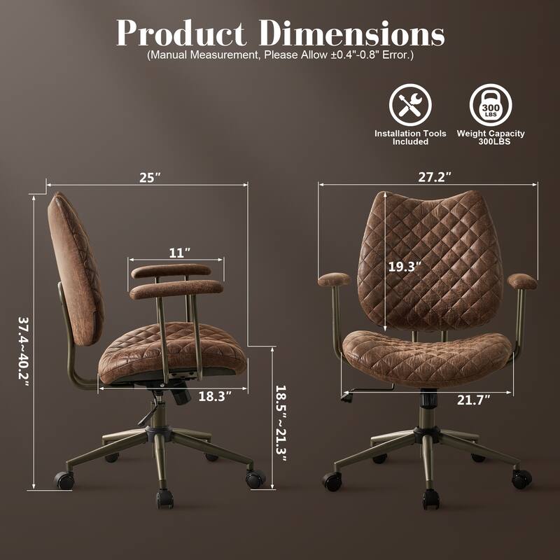 HOOOWOOO Mid-Century Leather Ergonomic Office Chair Adjustable Swivel Task Chair