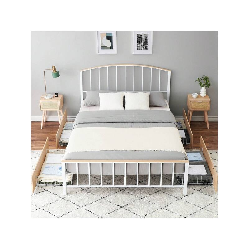 Platform Bed Frame with Headboard, Footboard, 4 Storage Drawers on Wheels - Queen