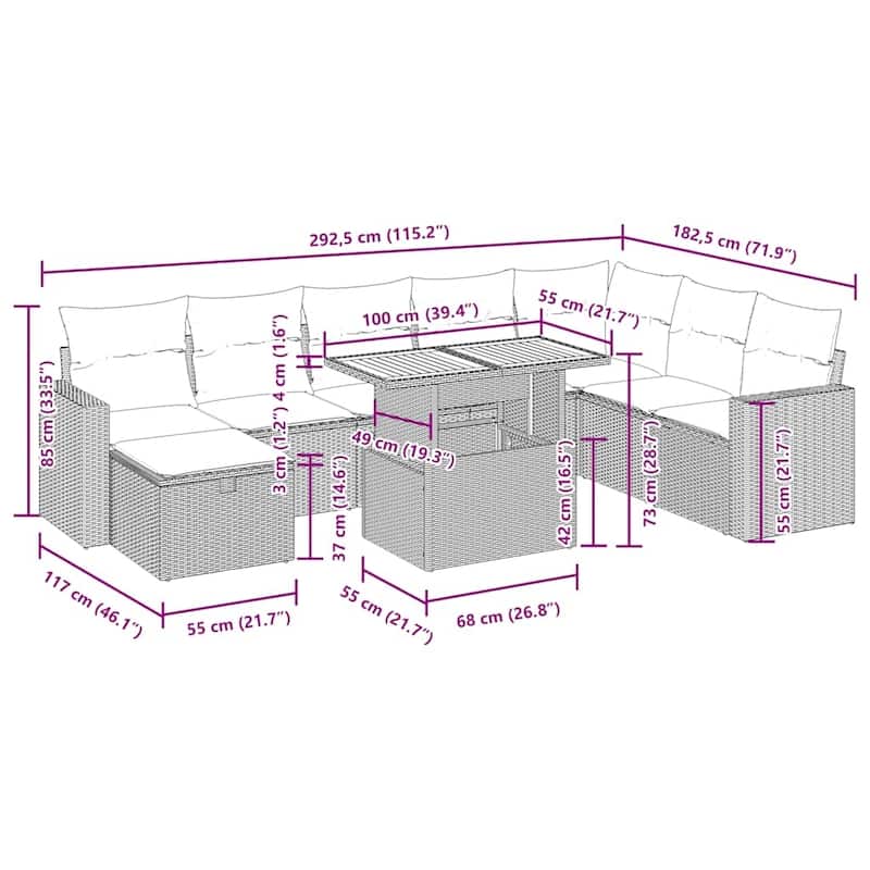 vidaXL Patio Sofa Set with Cushions Outdoor Furniture 9 Piece Poly Rattan - 21.7 x 39.4 x 28.7