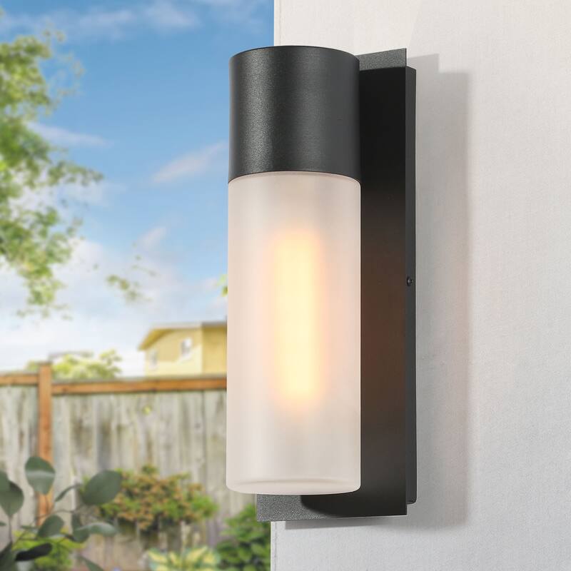 Aluminum 1-Light Modern Black Outdoor Cylinder Wall Sconce Dimmable Exterior Frosted Glass Wall Light