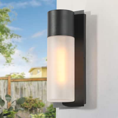 Aluminum 1-Light Modern Black Outdoor Cylinder Wall Sconce Dimmable Exterior Frosted Glass Wall Light
