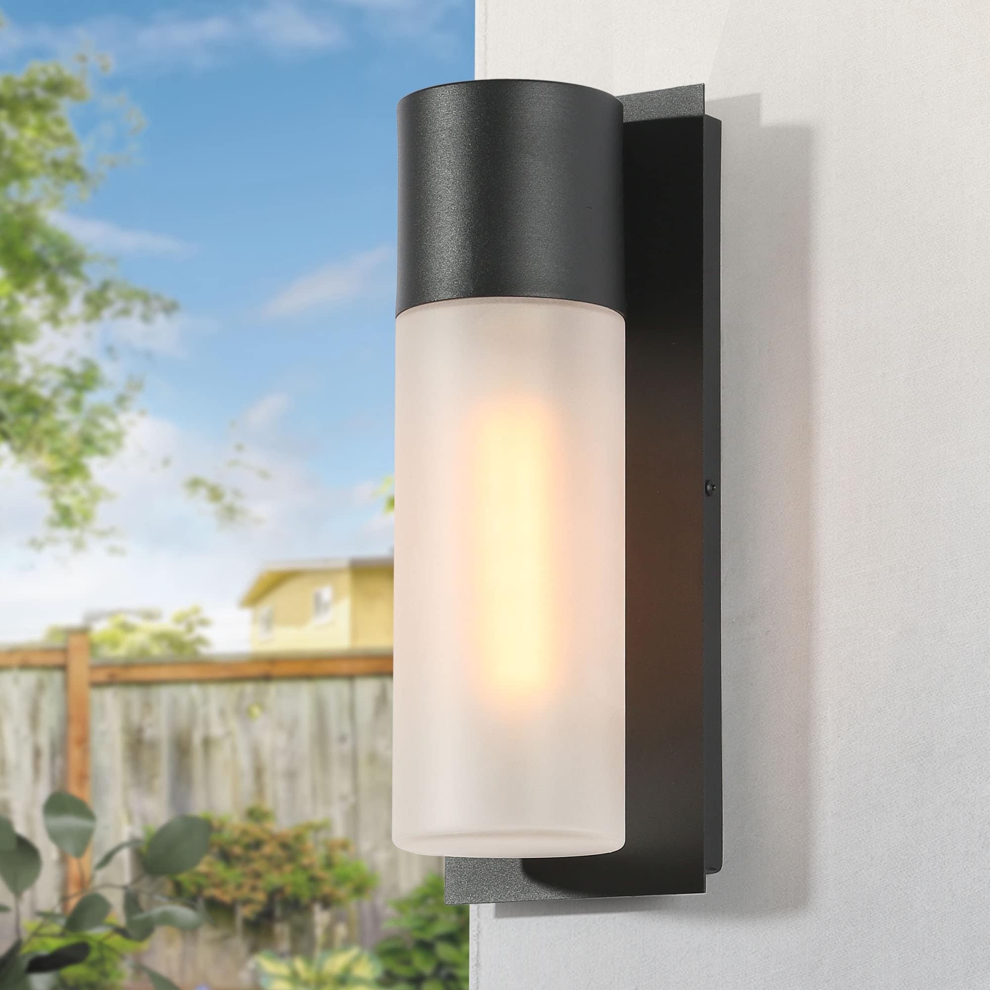 Aluminum 1-Light Modern Black Outdoor Cylinder Wall Sconce Dimmable Exterior Frosted Glass Wall Light