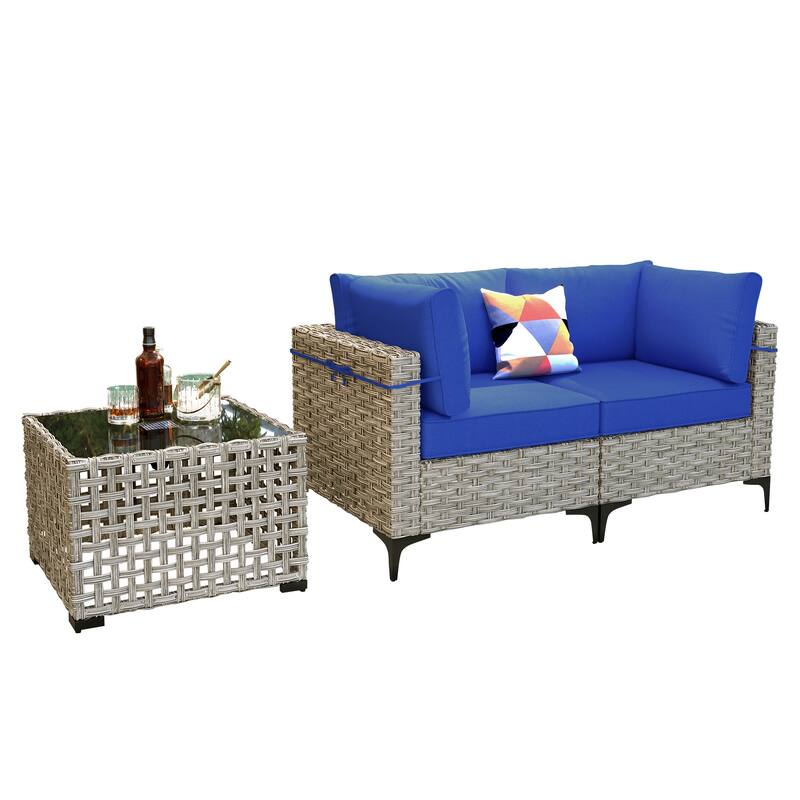 OVIOS 3 Pieces Outdoor Wicker Furniture Set With Solar-Powered Coffee Table
